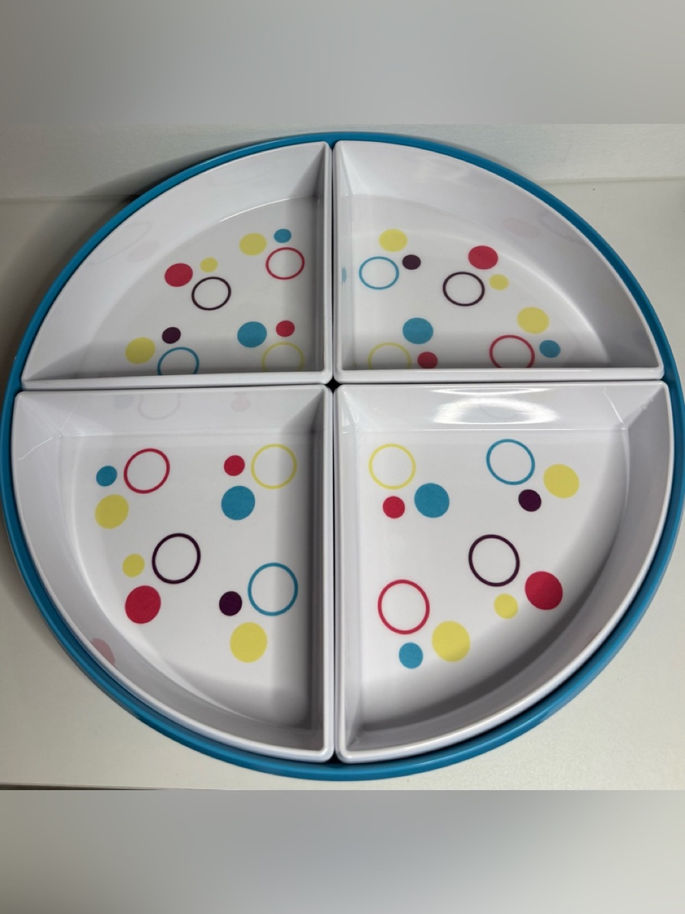 Serving Tray -Multicolor Polka Dot Sectioned - Blue Rim